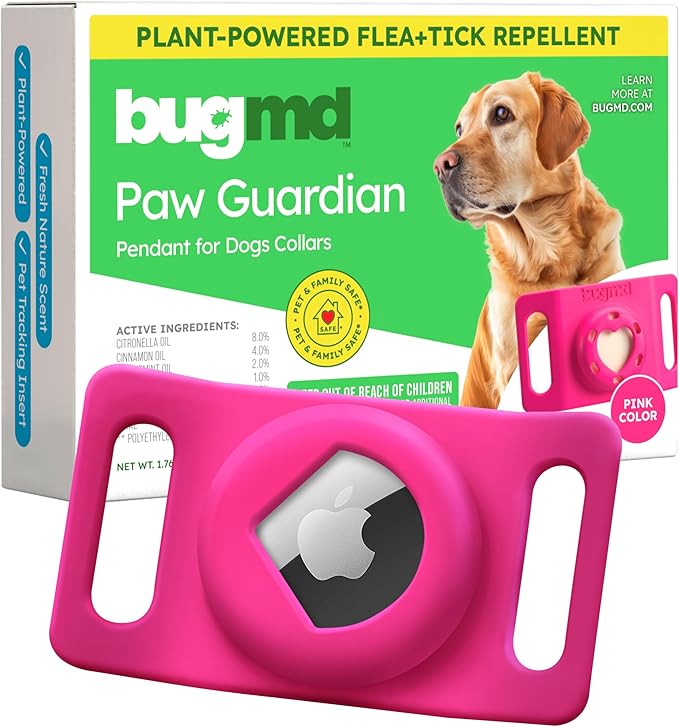 BugMD Paw Guardian Flea and Tick Prevention Pendant for Dogs with AirTag Holder | Plant-Powered Flea & Tick Control for Dog Collars Harnesses | Dog Tag with Air Tag Holder - Pink-Mewly Pet