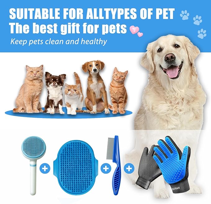 4Piece Dog Grooming Brush Set with Grooming Gloves, Deshedding Comb & Massage Bath Brush - Multifunctional Pet Hair Removal Tools for Shedding, Bathing, Brushing (Blue)-Mewly Pet