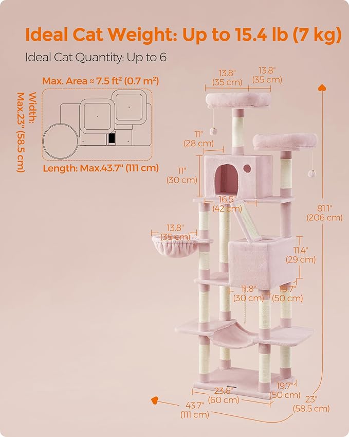 Feandrea Cat Tree, 81.1-Inch Large Cat Tower with 13 Scratching Posts, 2 Perches, 2 Caves, Basket, Hammock, Pompoms, Multi-Level Plush Cat Condo for Indoor Cats, Jelly Pink UPCT190P01-Mewly Pet