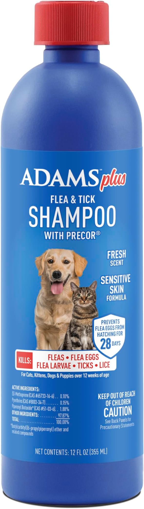 Adams Plus Flea & Tick Shampoo with Precor for Cats, Kittens, Dogs & Puppies Over 12 Weeks Of Age Sensitive Skin Flea Treatment | Kills Adult Fleas, Flea Eggs, Ticks, and Lice| 12 Ounces-Mewly Pet