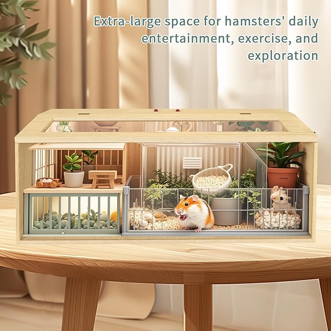 Large Hamster Cage 40", Top Opening Lockable Roof, Gerbil Cage with Ventilation Window, Dwarf Hamster Cages and Habitats, Chewproof Syrian Hamster Habitat Enclosure, (Wooden, 40" L x 16" W x 16" H)-Mewly Pet