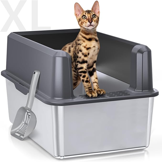 Stainless Steel Litter Box with Lid, 14” XL Stainless Steel Cat Litter Box Enclosure, Extra Large Metal Cat Box, Non-Sticky, Anti Leakage, Easy Cleaning Litter Pan, Include Scoop (Gray)-Mewly Pet