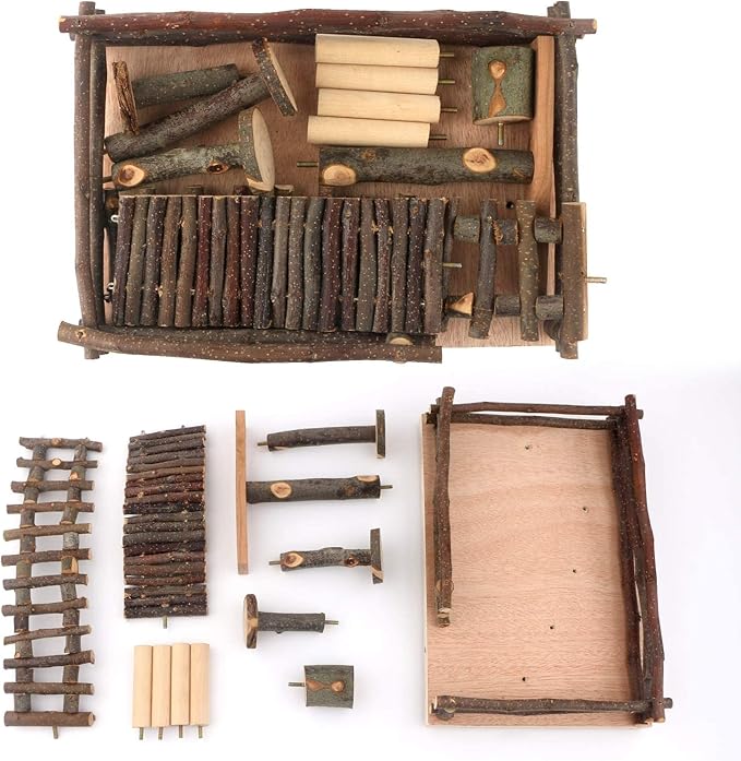 HOSUKKO Hamster Climbing Toys Wooden Hamster Playing Activity Set, Hamster Activity Playground Climb Platform Apple Wood Chewing Toys for Hamster Small Pets (D-Playground with Large Bridge)-Mewly Pet