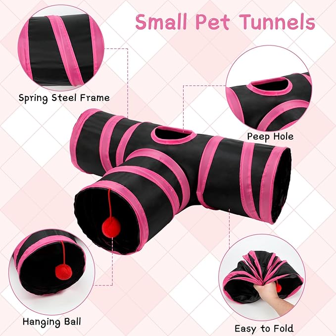 Rypet Guinea Pig Tunnel, 3 Way Collapsible Rabbit Tunnel, Small Pet Tunnels and Tubes with Interactive Ball for Rabbit Ferret Hamster Chinchilla Hedgehog Hiding and Resting-Mewly Pet