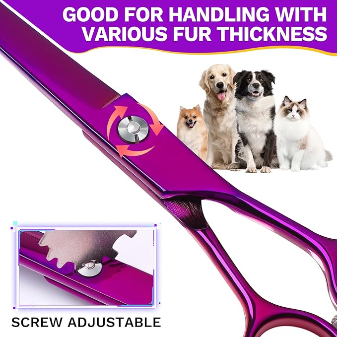 JASON Curved Shears for Dogs - 7.5" Pet Grooming Scissors with Ergonomic Handle Japanese Stainless Steel Trimming Scissor for Dogs, Cats and Other Pets, Sharp (Up-Curved, Purple)-Mewly Pet