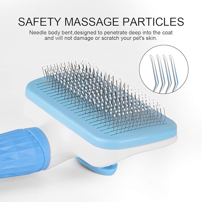 Self Cleaning Slicker Brush,Dog Brush & Cat Brush with Massage Particles,Removes Loose hair & Tangles,Skin Friendly & Promote Circulation-Blue 1-Mewly Pet