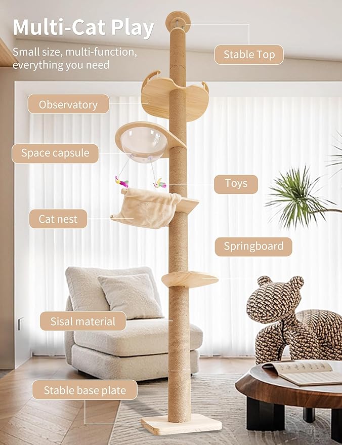 Floor-to-Ceiling Cat Tree with Natural Sisal Rope Scratching Post - Adjustable Height (55-119 Inches) - Modern Cat Activity Tree, Cat Scratcher Post-Mewly Pet