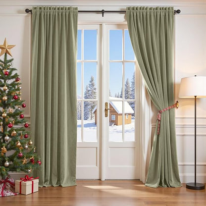 Lazzzy Velvet Blackout Curtains Thermal Insulated Room Window Drapes Super Soft Luxury Curtains for Living Room Bedroom Rod Pocket 2 Panels, Olive Sage, 52" W x 102" L