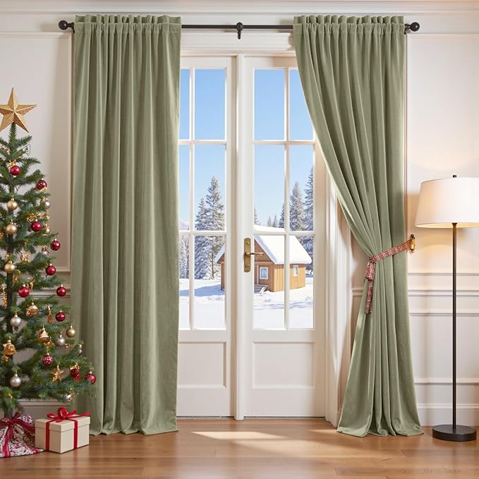 Lazzzy Velvet Blackout Curtains Thermal Insulated Room Window Drapes Super Soft Luxury Curtains for Living Room Bedroom Rod Pocket 2 Panels, Olive Sage, 62" W x 84" L