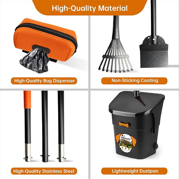 Dog Pooper Scooper with Bags & Dispenser - 37.4" Long Durable Metal Handle Swivel Bin & Rake & Spade Kit, Large Capacity Portable Pooper Scooper for Yards，Easy to Assemble-Mewly Pet
