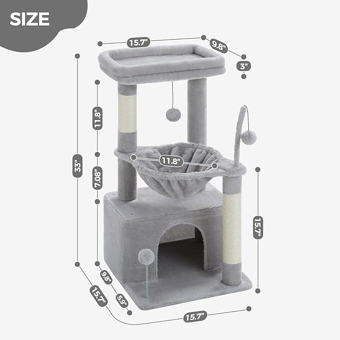 PEQULTI 4-in-1 Cat Tree, 33'' Cat Tower for Indoor Cats with Large Cat Condo, Scratching Post for Cats with Deep Hammock& Cozy Top Perch, Grey-Mewly Pet