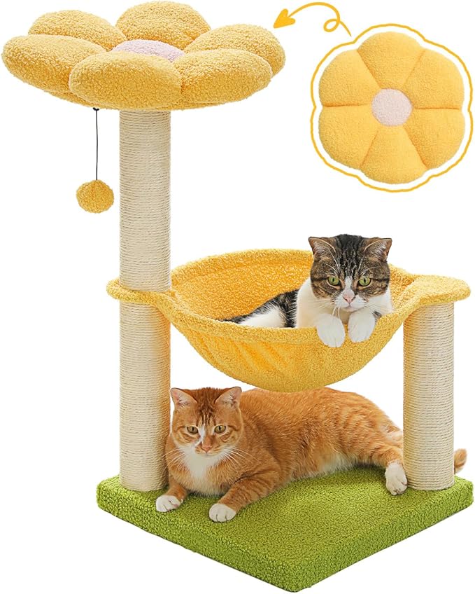 28" Flower Cat Tree Cute with Flower Top Perch, Large Hammock for Indoor Small Cats, Small Cat Tower with Cute Scratching Post and Fur Toy Ball for Kittens, Yellow-Mewly Pet