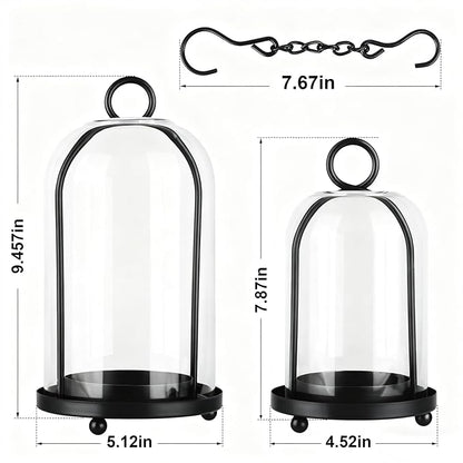 Glass Hurricane Candle Holder Decorative Gold Candle Lantern, Pillar Candlestick Holders Set of 2, Hanging Metal Holder Modern Table Centerpieces, Black