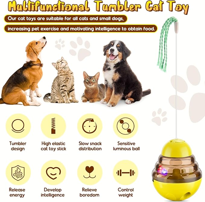 Interactive Cat Toys for Indoor Cats,Tumbler Toy for Kitten Tracking Balls Treat Dispenser for Bored Cat and Small Dogs to Chase and Exercise (Yellow)-Mewly Pet