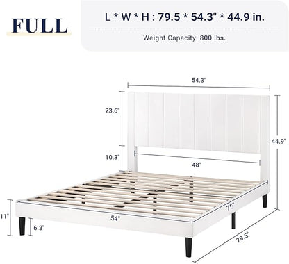 Allewie Full Bed Frame/Velvet Upholstered Bed Frame with Vertical Channel Tufted Headboard/Strong Wooden Slats/Platform Bed Frame/Mattress Foundation/Box Spring Optional/Easy Assembly/White