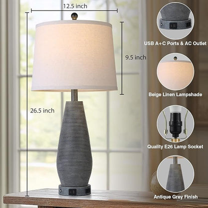 Farmhouse Table Lamps Set of 2 with USB C+A Ports and AC Outlet, 3 Way Touch Rustic Bedside Lamps for Living Room, 26.5" Grey Vintage Lamps for Bedroom Nightstand