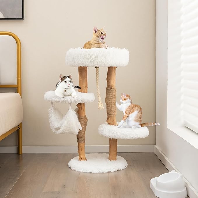 Tangkula Cat Tree Tower, Solid Wood Modern Cat Tower with Cozy Top Perch, 2 Platforms & 1 Hammock, Natural Branch Cute Cat Tree with Scratching Posts & Sisal Rope for Indoor Cats-Mewly Pet