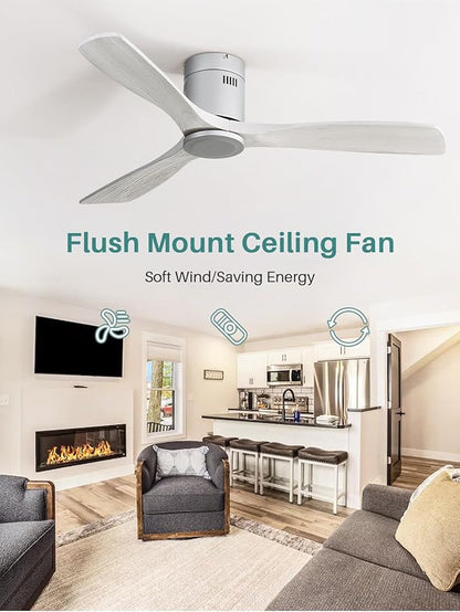 Sofucor 52 Inch Smart Ceiling Fan Without Lights Flush Mount Solid Wood Ceiling Fan with Alexa/Google Assistant/APP/Remote Control-Modern Outdoor Ceiling Fans No Light for Bedroom/Patio, Silver Grey