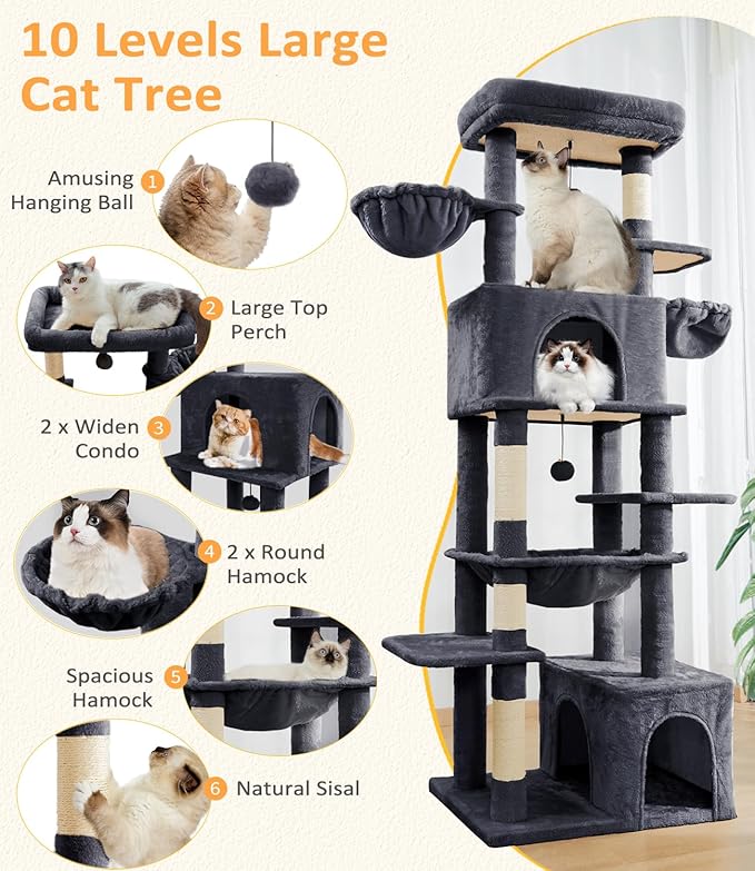 Cat Tree Large Cat Tower Tree 68" Multi-Level Cat Tower for Indoor Cats with Sisal Scratching Posts, Widen Cat Perche, Square Hammock, 2 Widen Condos, Scratching Posts, Grey-Mewly Pet