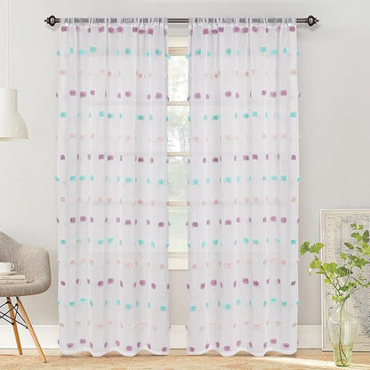 MYSKY HOME Rainbow Curtains for Bedroom Nursery Pom Pom Curtains Kids 84 Inch Length Long White Sheer Curtains 2 Panels Set for Living Room Girls Room Rod Pocket Farmhouse Dining Room 52 x 84 inch