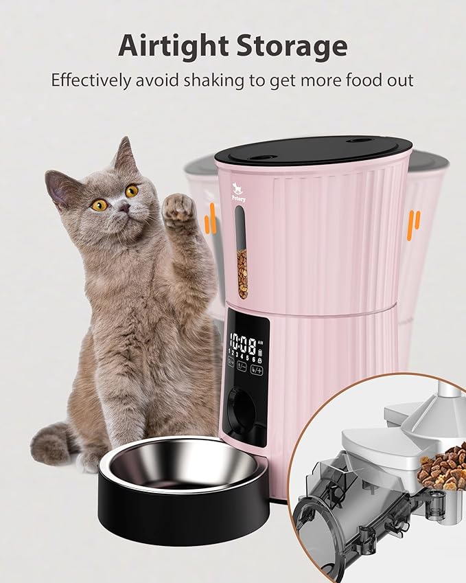 Petory Timed Automatic Cat Feeders - 4L Programable Dry Food Dispenser for Cats and Small Medium Dogs 6 Meals with Desiccant Bag Dual Power Supply 10S Voice Recorder-Mewly Pet
