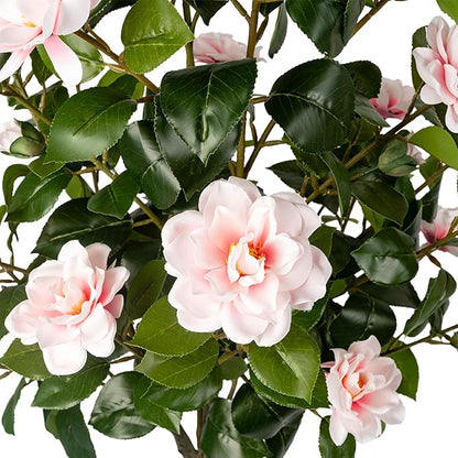 Artificial Camellia Tree 2 Pack, Artificial Plants Outdoor Faux Floral Plant in Cement Pot Fake Silk Camellia Tree Plants for Home House Living Room Office Decor