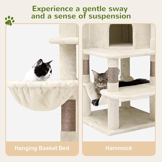 Globlazer Corner Cat Tree Tower for Large Cat, 66inch Tall Large Cat Tree Condo for Multiple Indoor Cats with 6 Scratching Posts, 2 Spacious Cat Condos, Soft Hammock, Hanging Basket, C66, Light Beige-Mewly Pet