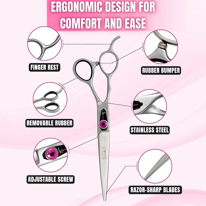 Kenchii Love Left Handed Dog Grooming Scissors, 7 Inch Straight Shears, Dog Scissors for Grooming, Professional Pet Grooming Scissors, Ergonomic & Comfortable-Mewly Pet