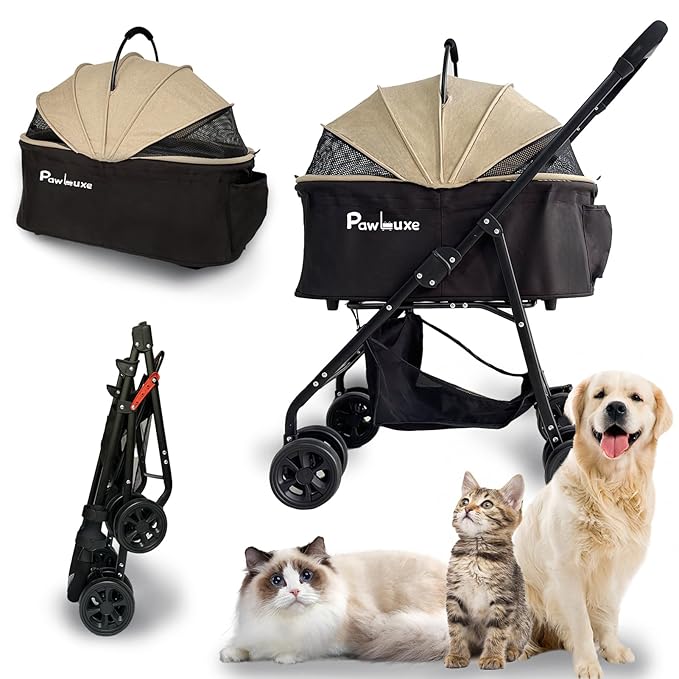 4 Wheels Pet Stroller 4 in 1 Pet Stroller with Detachable Carrier for Small & Medium Dogs Cats up to 55 lbs Easy-Folding Travel Dog Wagon with Car Seat Breathable Mesh,Khaki-Mewly Pet