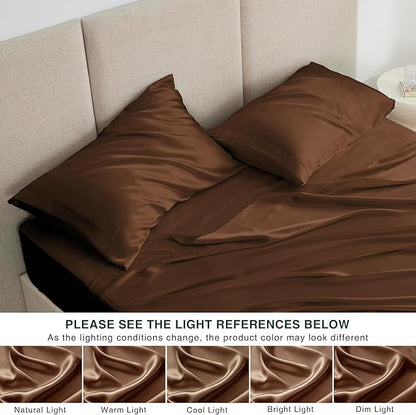 Love's cabin Twin XL Satin Sheet Sets - 3 Piece Brown Silky Bed Sheets with Deep Pockets, Luxury Silk Feel Satin Sheet Set Twin XL (1 Flat Sheet,1 Fitted Sheet,1 Pillow case)