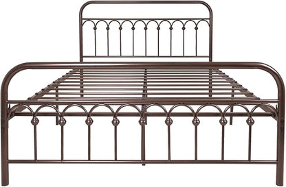 YALAXON Vintage Sturdy Queen Size Metal Bed Frame with Headboard and Footboard Basic Bed Frame No Box Spring Needed，Antique Brown.