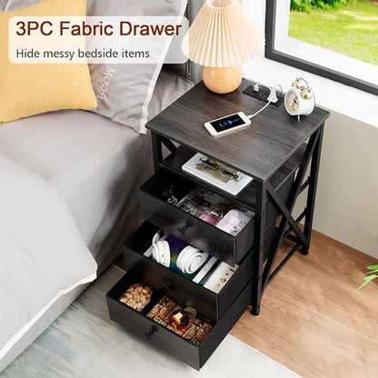 AMHANCIBLE Night Stand Set 2, LED Nightstand with Charging Station, End Side Tables with USB Port & Outlet, Bedside Table with Fabric Drawers for Bedroom Living Room, Dark Grey, HET053LDG