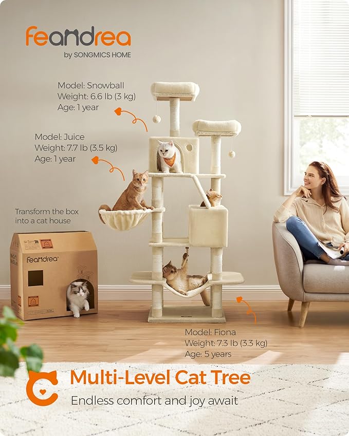 Feandrea Cat Tree, 66.1-Inch Large Cat Tower with 13 Scratching Posts, 2 Perches, 2 Caves, Basket, Hammock, Pompoms, Multi-Level Plush Cat Condo for Indoor Cats, Beige UPCT165M01-Mewly Pet