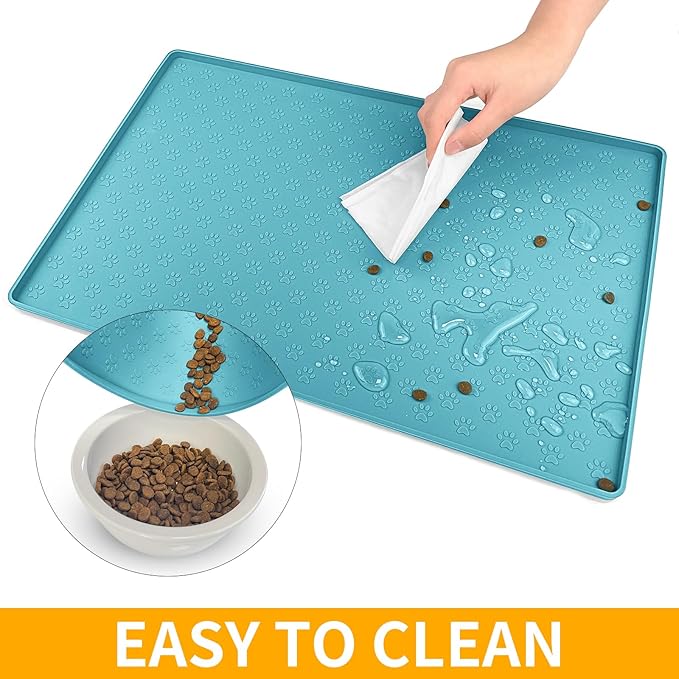 Ptlom Dog Food Mat Anti-Slip Pet Bowl Mats for Food and Water, High-Lips Pet Placemat Prevent Messy Spills to Floor, Waterproof Puppy Feeding Tray for Small, Medium Large Dogs Cats, Silicone-Mewly Pet
