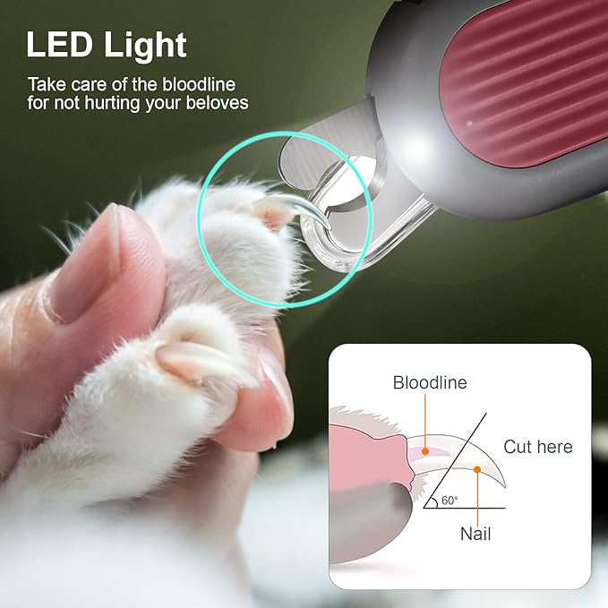 Odoland Cat Nail Clipper with LED Light and Nail File, Dog Claw Trimmer with Bright Light to Avoid Excessive Cutting - Pet Grooming Tool for Tiny Dog Cat Kitten Bunny Rabbit Pink-Mewly Pet