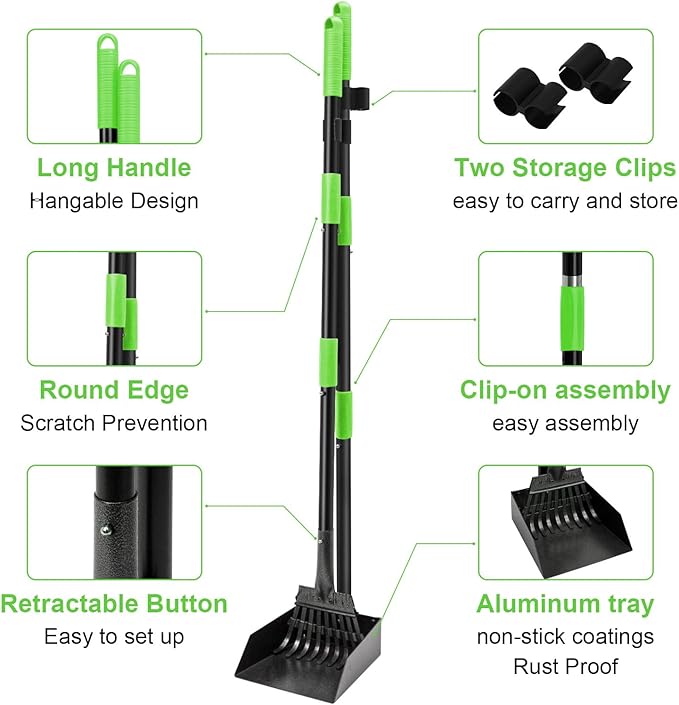 Non-Breakable Pooper Scooper, Dog Pooper Scooper Tray & Rake Set with Adjustable Stainless Steel Long Handle for Large Medium Small Dogs (Green)-Mewly Pet