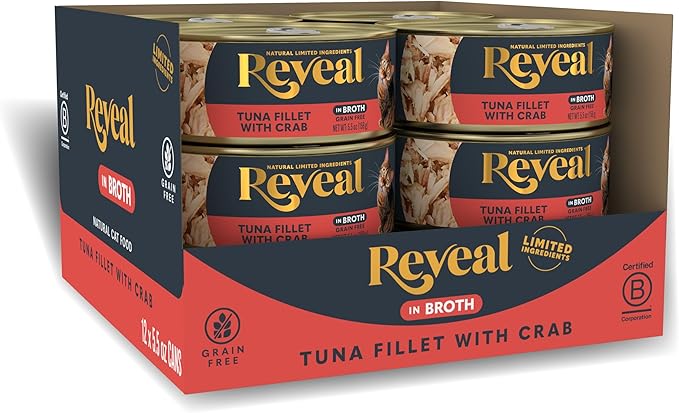 Reveal Natural Wet Cat Food, 12 Count, Grain Free, Limited Ingredient Canned Food for Cats, Tuna Fillet with Crab in Broth, 5.5 oz Cans-Mewly Pet