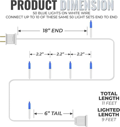612 Vermont 50 Blue Christmas Lights on a White Wire String, UL Approved, Indoor and Outdoor Use, 9 Foot of Lighted Length, 11 Foot of Total Length