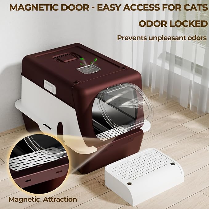 XX-Large Stainless Steel Cat Litter Box with Lid – Fully Enclosed Large Litter Box for Big Cats, Odor Control with Magnetic Door, Easy Clean, Multi-Cat Durable Metal Pan (Burgundy)-Mewly Pet