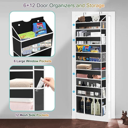 Over The Door Organizer Closet,6 Bins 12 Side Pockets,Hanging Organizer,Anti Tilt 50 lbs Load Organizers and Storage with Clear Window for Bedroom,Nursery,Rv,Bathroom,Camper(Black)