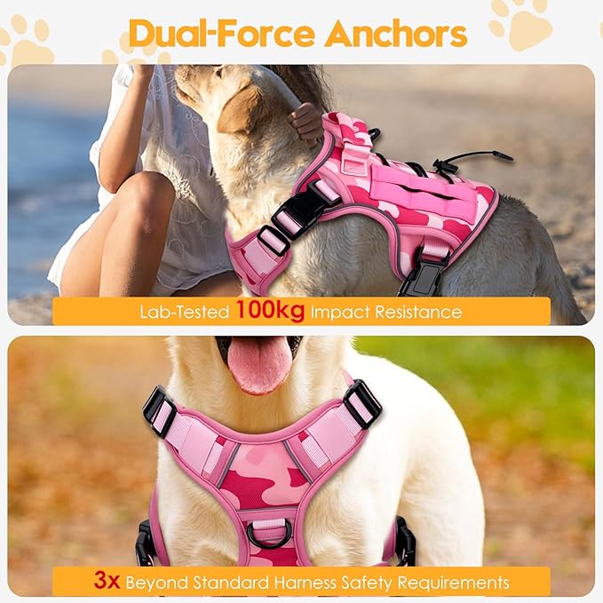 Heavy-Duty Tactical Dog Harness for Large Dogs, No Pull Adjustable Reflective Pet Vest with Molle System, K9 Military-Grade Control for Service Training, Outdoor & 10+ Breeds, Pink Camo, Small-Mewly Pet