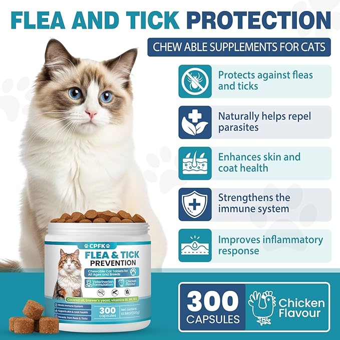 Chewable Flea Treatment for Cats Flea and Tick Prevention for Cats Chewables Fleas Chewables for Cat of All Breeds and Ages 300 Chewable Tablets-Mewly Pet