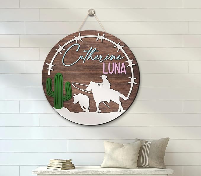 Custom Horse Rider Wooden Nursery Name Sign, Personalized Western Cowboy Baby Name Sign, Baby Shower Gifts for Boy Girl Birthday, Door Hanger Kids Room, Kids Bedroom Door Sign