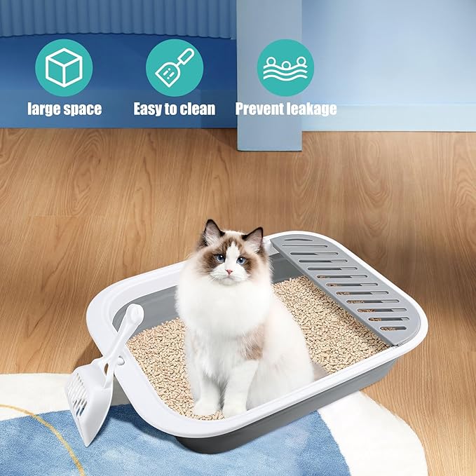 Cat Litter Box for Travel, 18"×14" Grey Small Litter Box for Open Foldable Waterproof Litter Pan,Kitty Litter Box Easy to Clean and Assemble, Portable Litter Box with Scoop-Mewly Pet