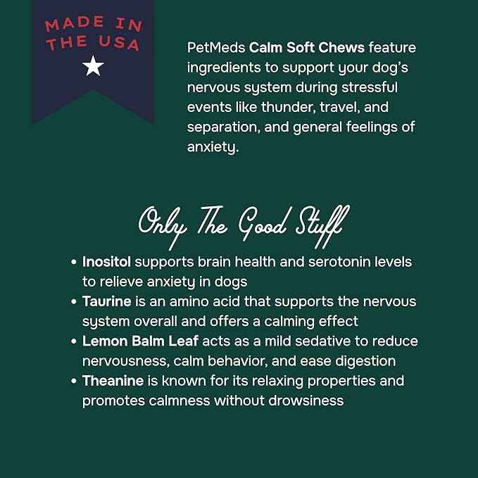 PetMeds Calm Supplement for Dogs - Anxiety & Stress Relief with Vitamins, Theanine & Lemon Balm - Supports Dogs During Travel, Thunder & Separation - Beef & Sweet Potato Flavor - 60 Soft Chews-Mewly Pet