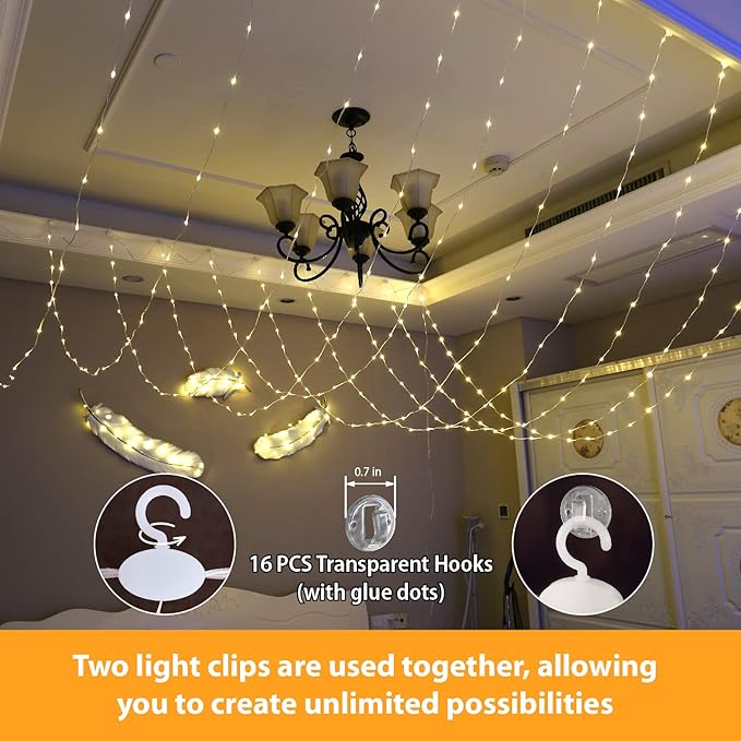 HXWEIYE 300LED Fairy Curtain Lights, 9.8x9.8Ft USB Plug-in 8 Modes Christmas String Hanging Lights with Remote for Bedroom Backdrop Wedding Party Indoor Wall Decor, Warm White, Tangle-Free
