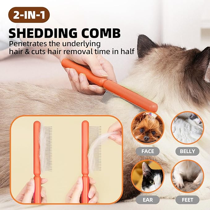 Dog Grooming Brush Set, 7 PCS Self-Cleaning Deshedding Hair Brushes for Short Long Haired Dogs Cats, Includes Scrubber Shower Wash Brush, Dematting Comb, Scissor - Yellow-Mewly Pet