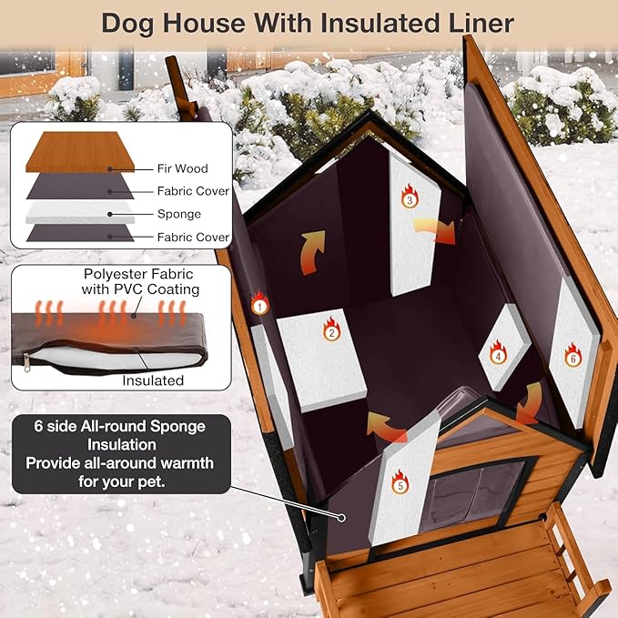 Dog House Outdoor Insulated, 50.87" L Large Dog Kennel with Chew-Proof Iron Frame, Suitable for Medium to Large Dogs (Brown)-Mewly Pet
