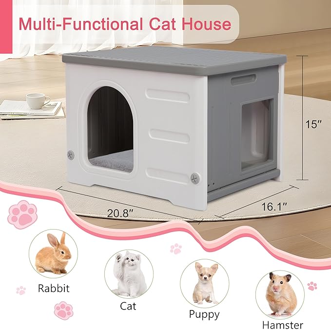 Rockever Plastic Cat House Outdoor with Escape Door, Waterproof Feral Cat House Outdoor Indoor, Sturdy Cat House for Outdoor Cats with Cat Bed Mat, Assemble Easily-Grey-Mewly Pet
