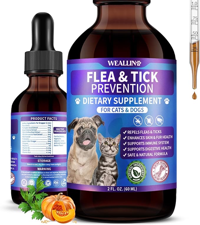 Flea and Tick Prevention Support for Cats and Dogs Natural Flea Treatment Drops with Multivitamin for Pets Oral Natural Supplement Flea and Tick Treatment Drops for All Breeds and Ages-Mewly Pet